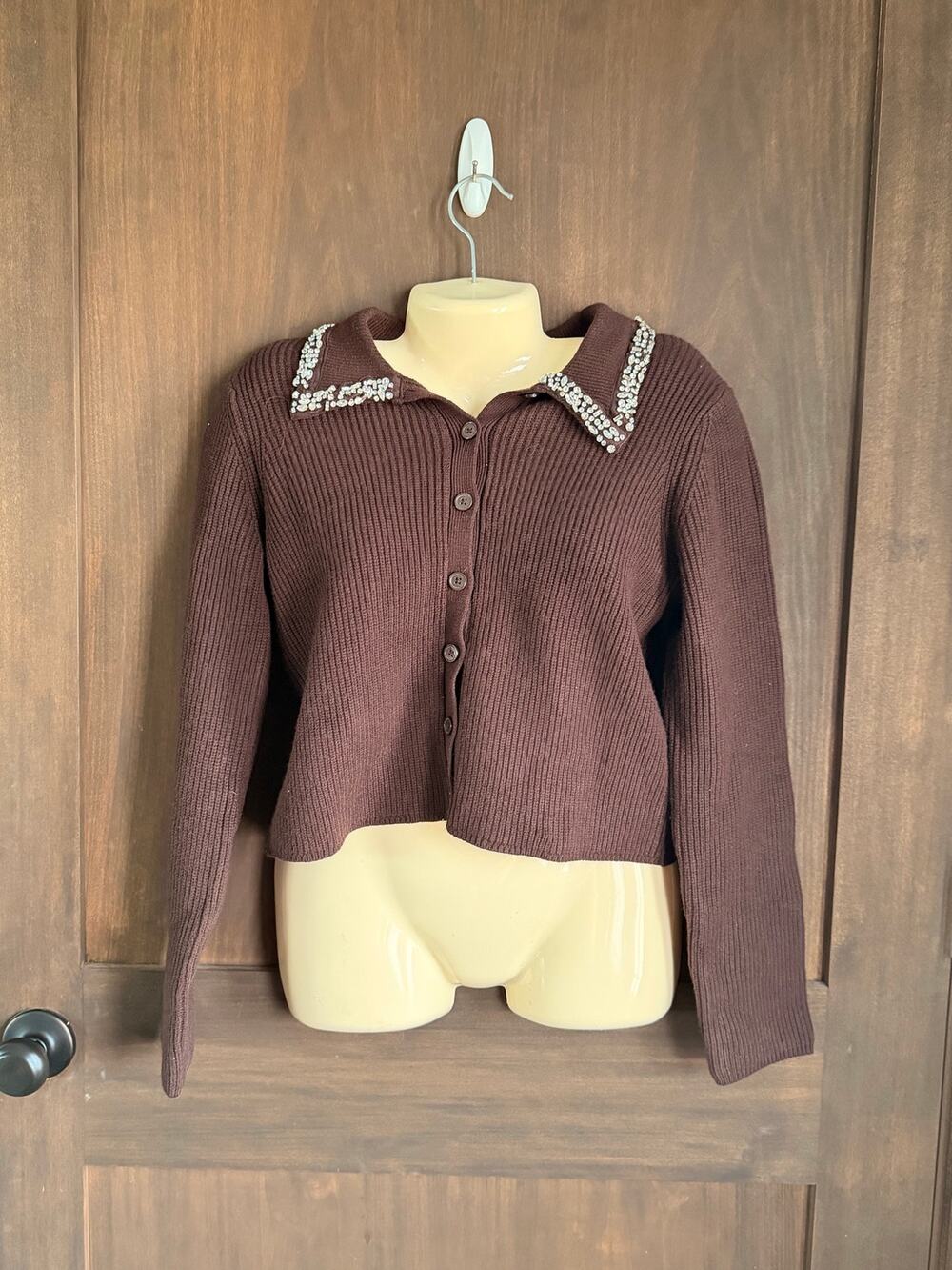 Future Collective XS Brown Ribbed Cardigan Rhinestone Collar Cropped Sweater